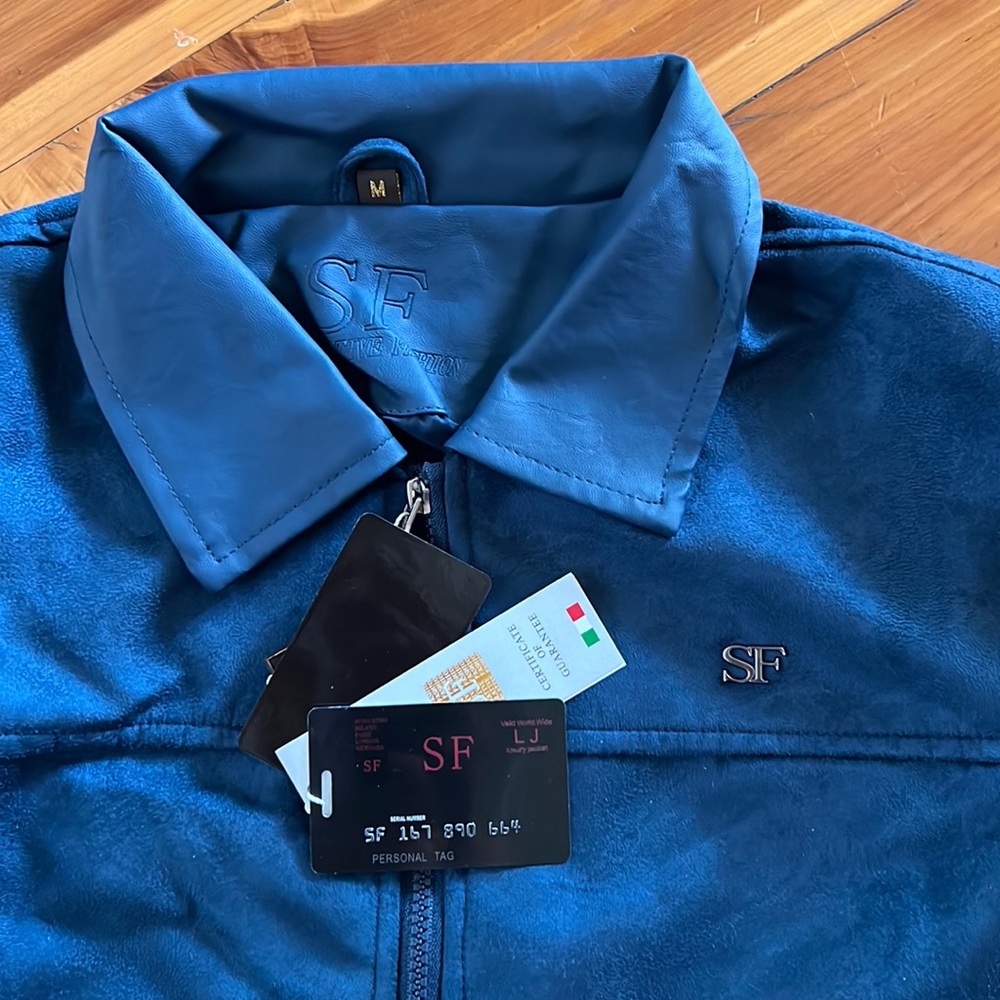 BLUE SUEDE/LEATHER TRIM MENS BOMBER JACKET